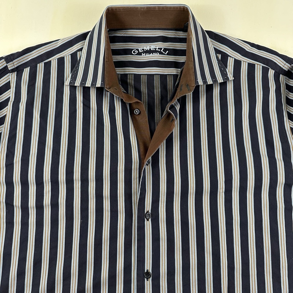 Gemelli Milano Mens Shirt Large 17 43‎ Barrel Cuffs Blue Brown Striped Italy